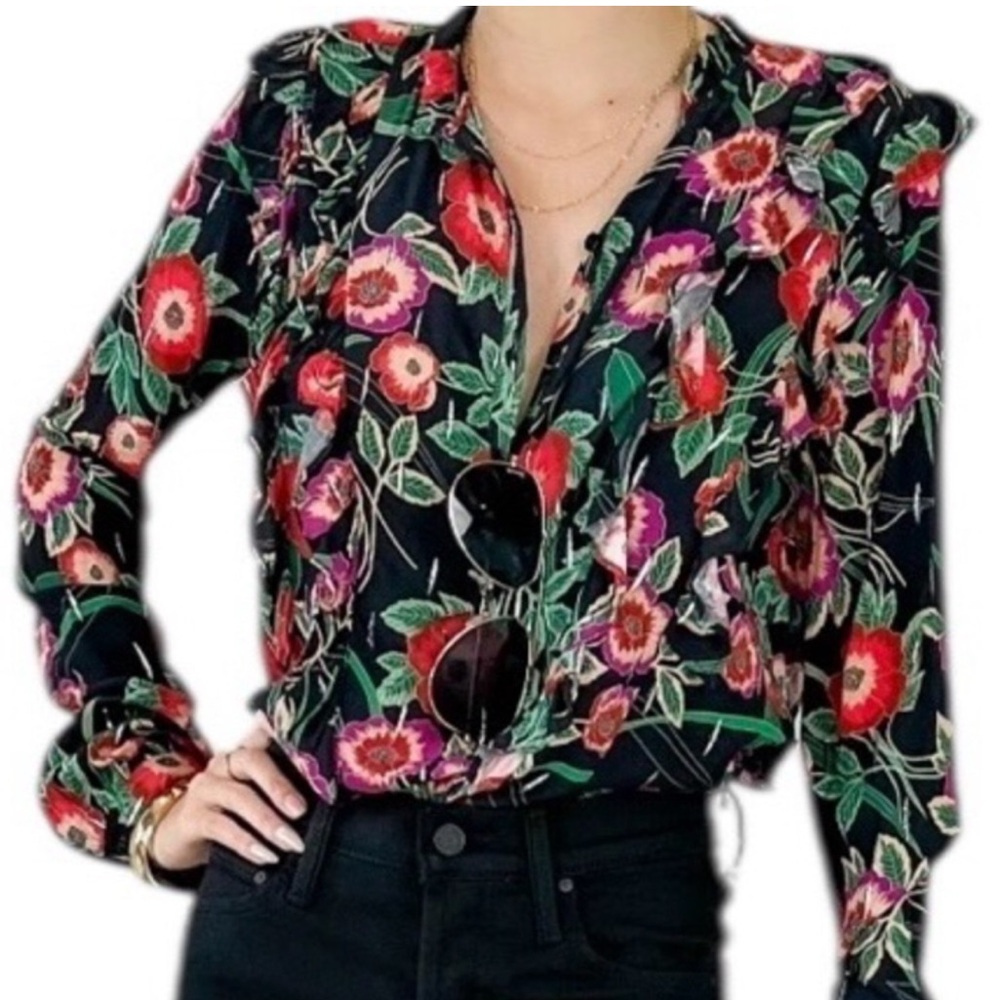 Anthro Misa Los Angeles Hibiscus Floral Ruffle Blouse with Metallic Threading - Picture 14 of 16